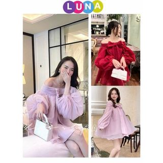 Váy tơ trễ vai bồng đính nơ dáng rộng giấu quần xinh xắn, Đầm babydoll voan óng