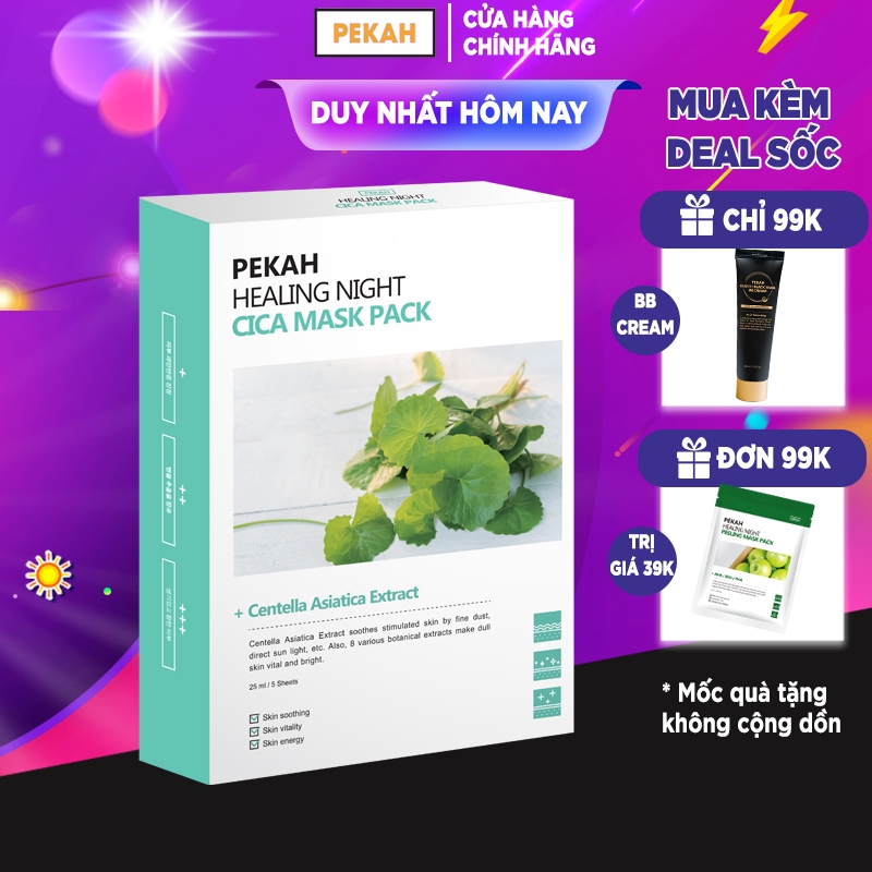 Hộp Mặt Nạ 5 Miếng Dưỡng Ẩm Giảm Mụn Và Thâm Chiết Xuất Rau Má PEKAH Healing Night Cica Mask Pack 25ml/5sheets