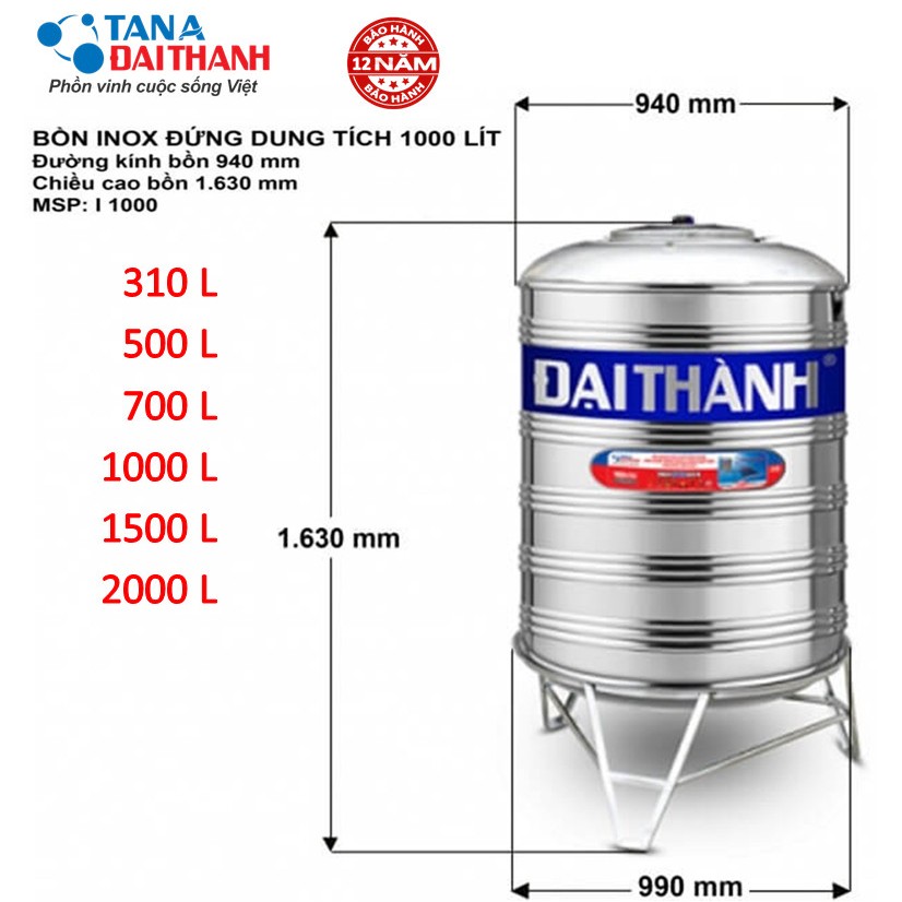 Bồn inox 304 Đại Thành đứng dung tích 310l-500l-700l-1000l-1500l-2000l