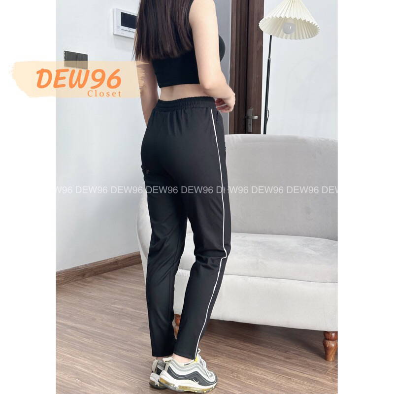 Quần jogger thể thao nữ viền trắng cạp chun dây rút có túi chất vải Umi Hàn co dãn thấm hút