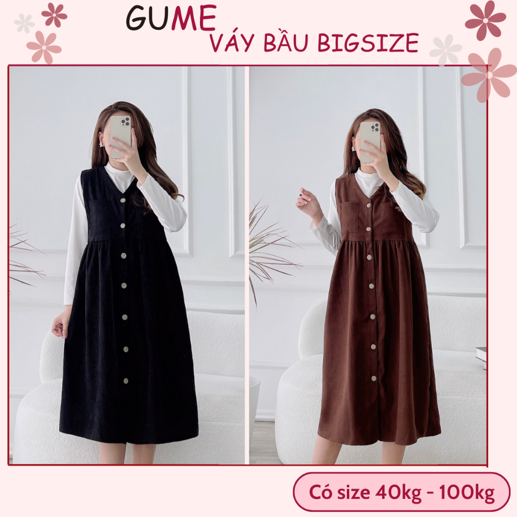 Váy Bầu Thu Đông - Đầm Bầu GUME ,yếm rời 2 màu đen, nâu dáng babydoll cổ V khuy dọc vải nhung tăm _ TM047