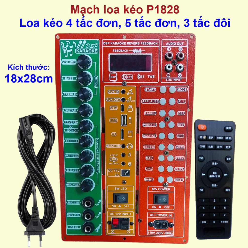 Mạch loa kéo P1828 Livstream Reverb Echo chống hú IC CS3855 4 tấc đơn 5 tấc đơn hoặc 3 tấc đôi