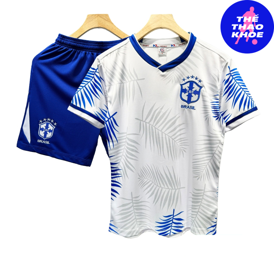 Quần Áo Bóng Đá, Đồ Đá Banh Đội Tuyển Brazil Trắng Lá 2024 - Logo Thêu - Vải Mè Cao Cấp, Mát, Bền - Thể Thao Khỏe