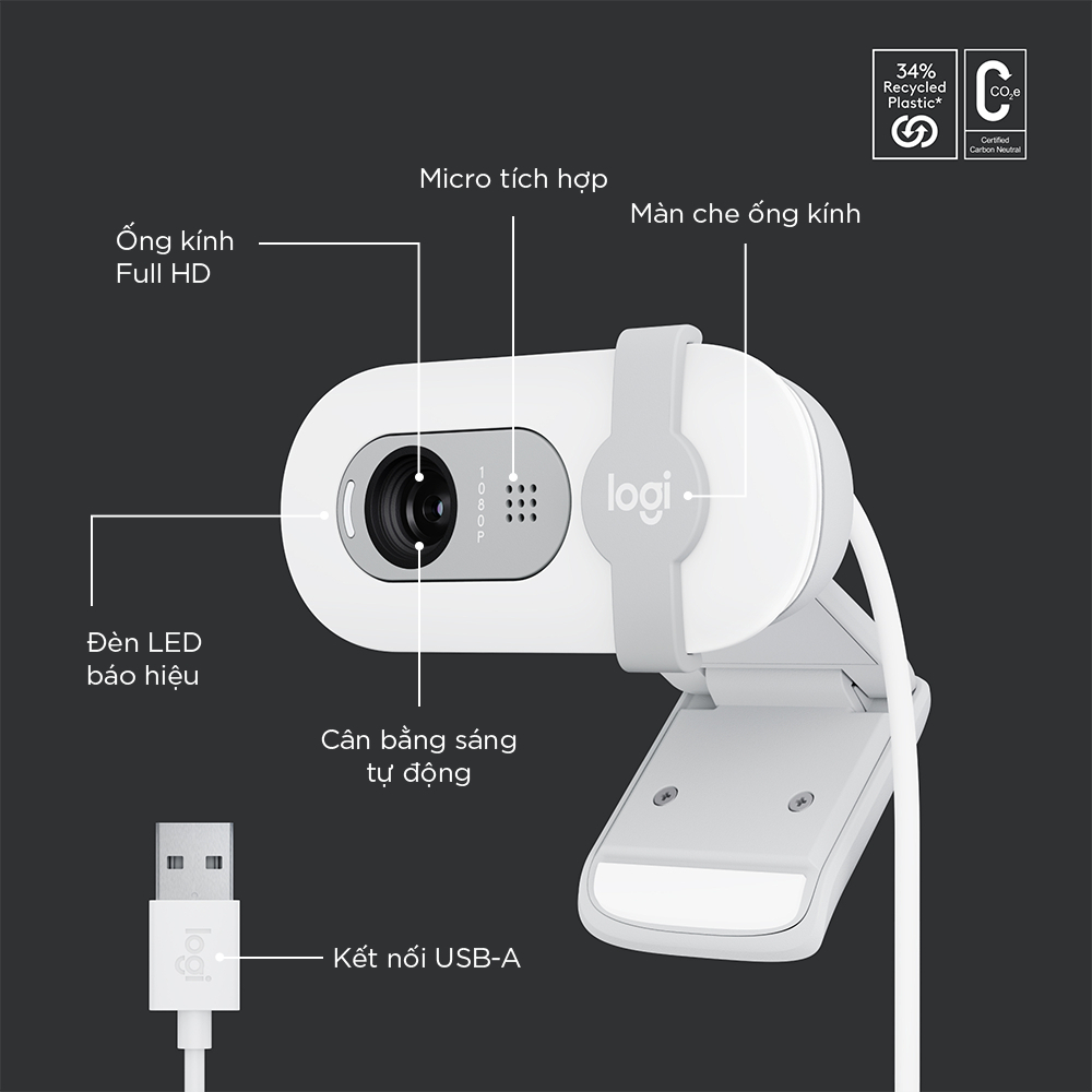 Webcam Full HD Logitech Brio 100 - Cân bằng ánh sáng, Mic, Màn chập, USB-A - Hàng Chính Hãng - Bảo Hành 12 Tháng