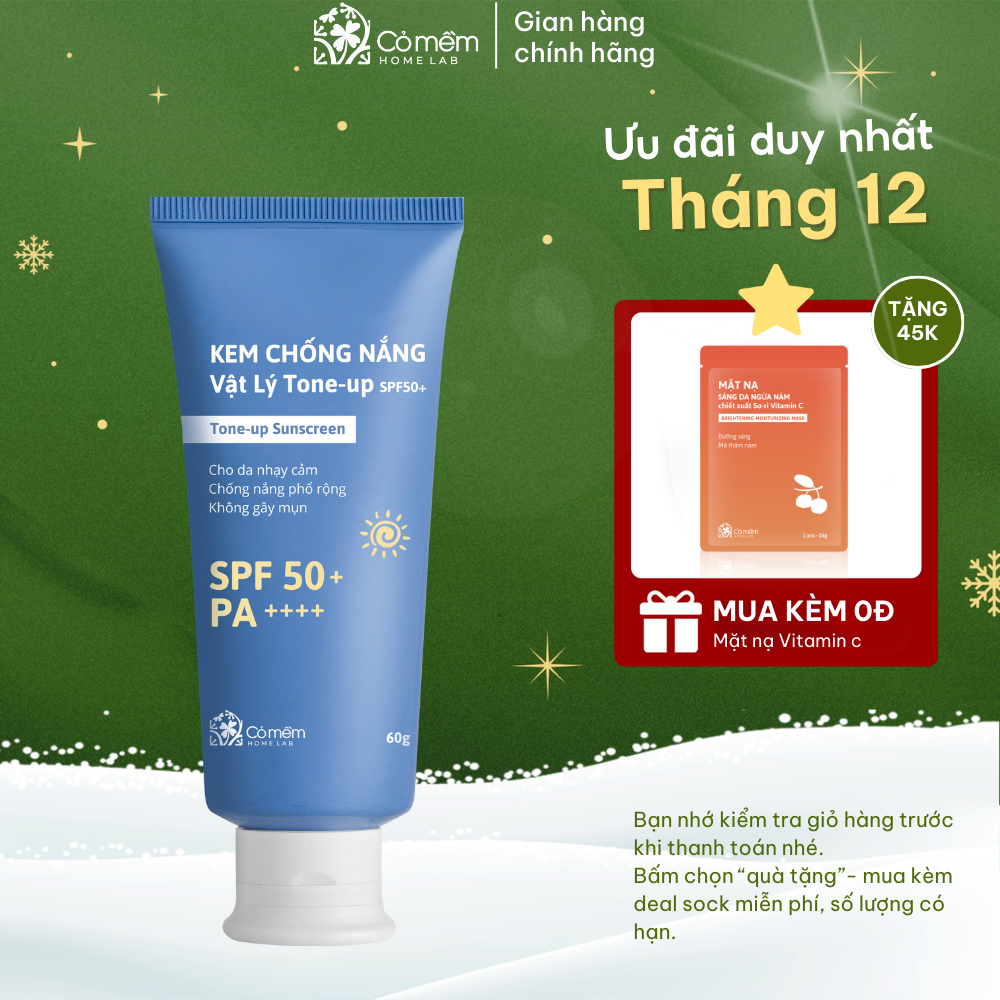 Kem Chống Nắng Vật Lý Tone Up SPF50 PA++++ Tone Up An Toàn Cho Da Nhạy Cảm Bà Bầu Trẻ Em Cỏ Mềm 60g