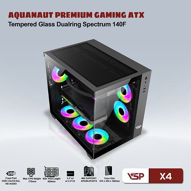 Case VSP AQuanaut X4 (ATX) Case 2 Mặt kính chuyên tản Custom, AIO