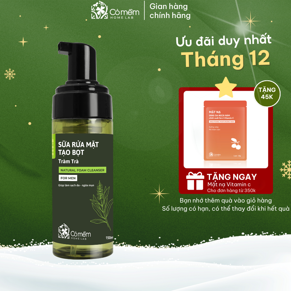 Sữa Rửa Mặt Tạo Bọt Tràm Trà Cho Nam Sạch Sâu Chuẩn Men Kiềm Dầu Giảm Mụn Cỏ Mềm 150ml