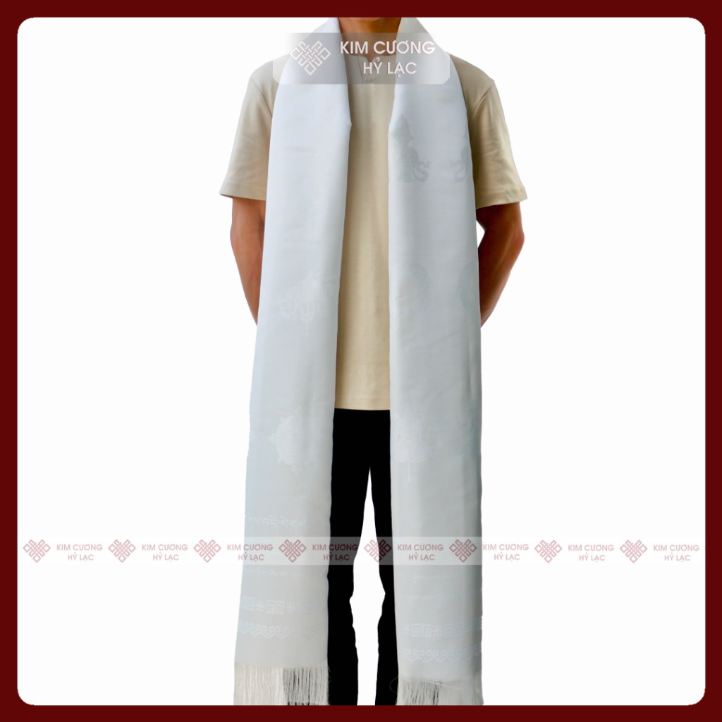 Khăn Khata Khăn Ban Phước Mật Tông Tây Tạng  Lụa Thêu Bát Cát Tường 250X48Cm