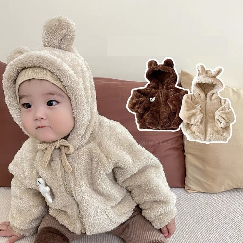 Áo khoác lông cừu mũ tai gấu hàng Quảng Châu xinh xắn đáng yêu phong cách Hàn Quốc cho bé Mimo baby QA139