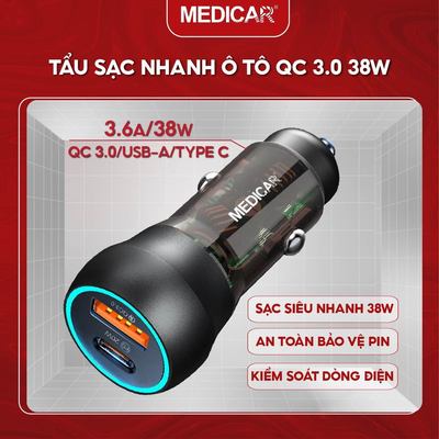 TẨU SẠC SIÊU NHANH Ô TÔ 38W Medicar QC 3.0, sạc nhanh xe hơi 12-24V chống cháy nổ