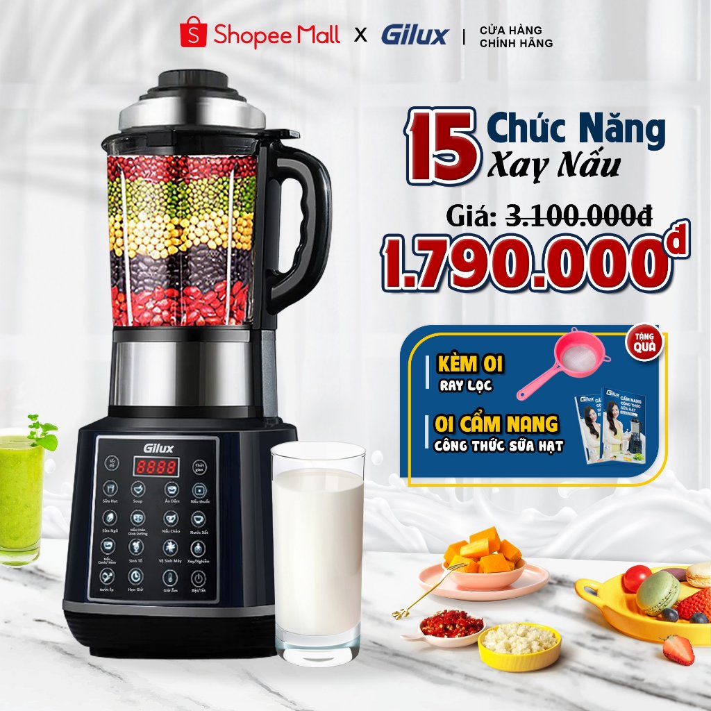 Máy làm sữa hạt Gilux chính hãng 15 chức năng trong 1 - Xay nấu tự động - Công suất 1800W - Dung tích 1.75L