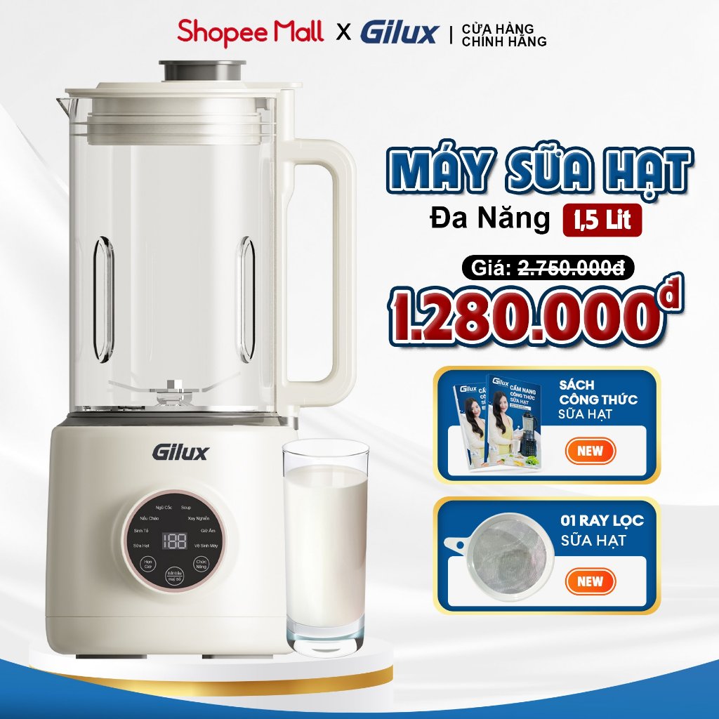 Máy làm sữa hạt Gilux GLJ16 + TẶNG Sách công thức, Máy nấu sữa hạt 1.5L Bảo Hành 12 tháng