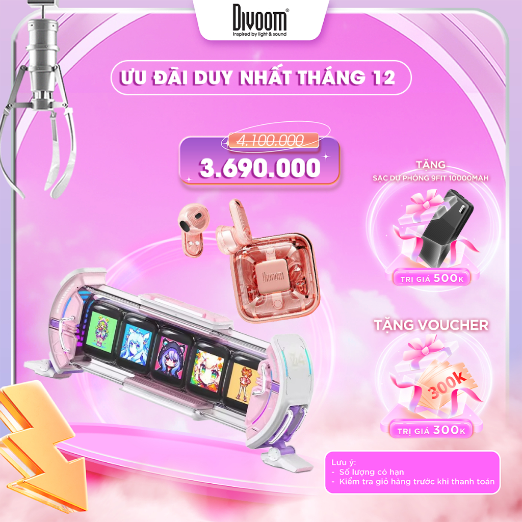 Combo đồng hồ Divoom Times Gate Pink - tai nghe bluetooth Divoom Spark Air - Bảo hành 12 tháng