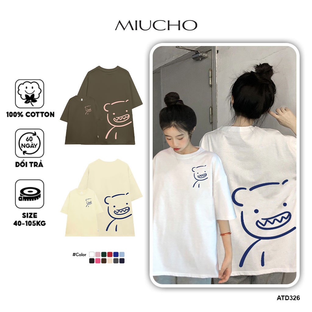 Áo thun nữ hình gấu form rộng ATD326 Miucho cotton cổ tròn in artwork