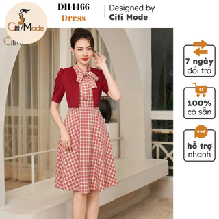 Đầm công sở CITI MODE FASHION thiết kế dáng xoè kẻ đỏ cổ nơ phối áo khoác đỏ DH4466