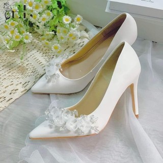 Giày cưới 3in1 ELIE SHOES "Ngọc Lưu Ly phiên bản da lì". Phụ kiện hoa tháo lắp linh hoạt. Vừa làm giày cưới,công sở.