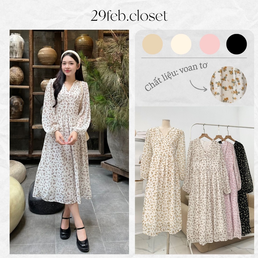 Váy Hoa Nhí Voan Tơ Cổ V Dài Tay Dáng Xòe Dài Nữ Tính Dịu Dàng Mùa Thu Đông - 29feb.closet - V175