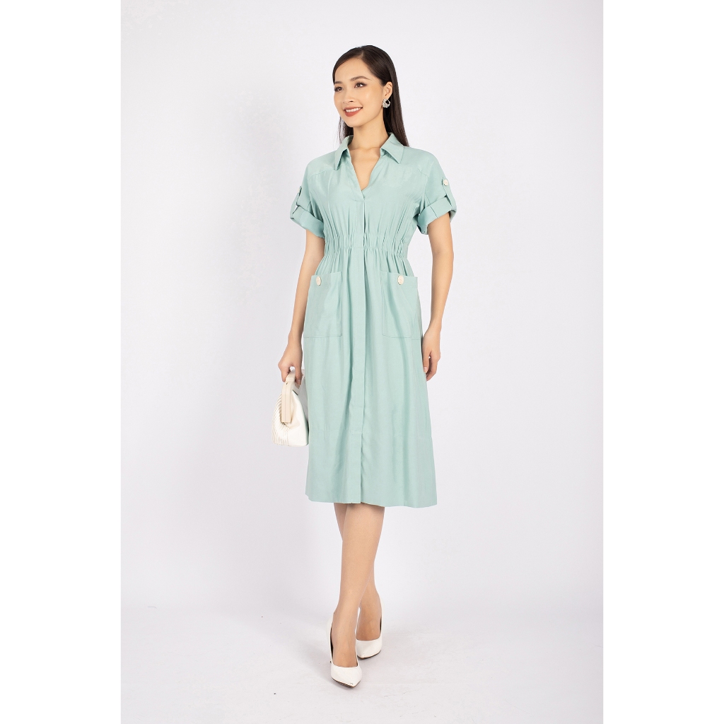 FDC73557 - Đầm công sở vải thô dáng A chun eo tay nối can cầu vai - PANTIO