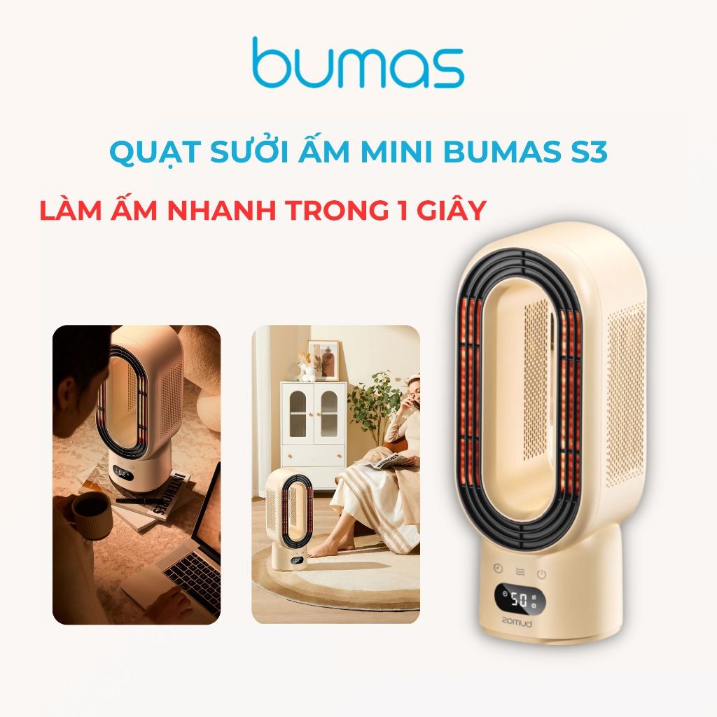 Quạt Sưởi Gốm Mini BUMAS S3 - Làm Ấm Nhanh - Hàng Chính Hãng, Không Khô Da, Tiết Kiệm Điện