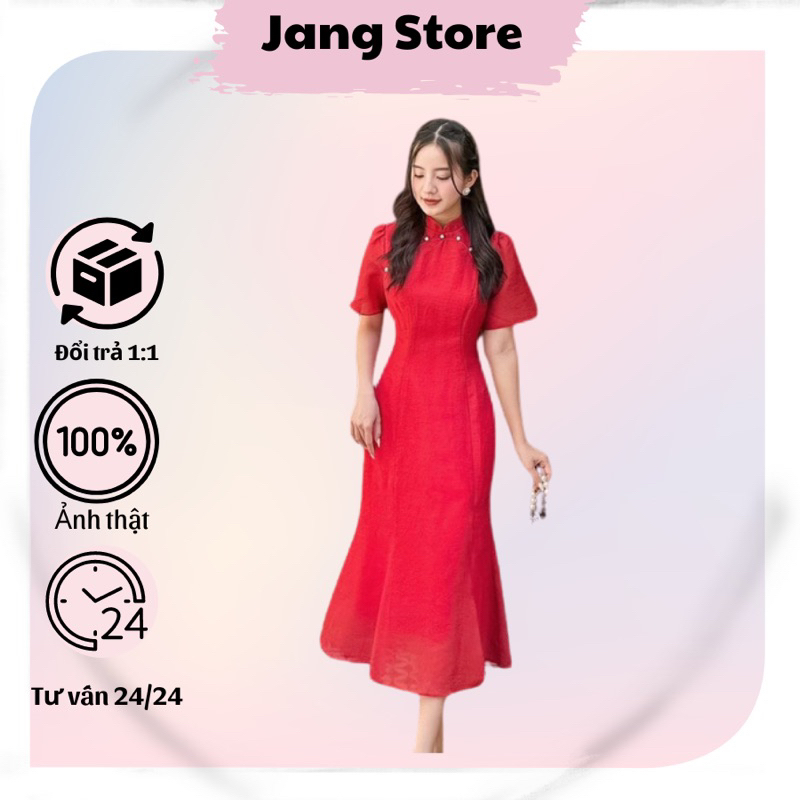 Đầm midi đỏ cổ tàu/đầm cách tân