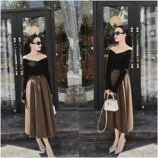 Chân váy dạ xếp ly kèm đai dáng dài hàng QCCC