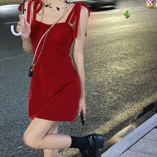 đầm nhung 2 dây cột vai đỏ tươi mùa lễ hội noel xinh xắn có mút ngực