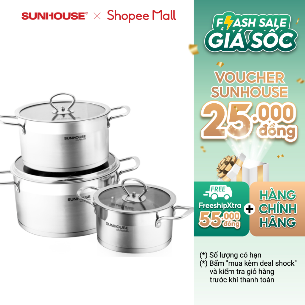 Bộ nồi inox 5 đáy Sunhouse Mama SH784: Gồm 3 nồi - Dùng mọi loại bếp - Đáy 5 lớp hạn chế cháy khét - Hàng chính hãng