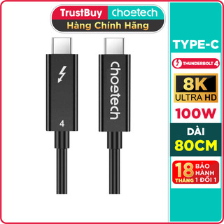 Dây cáp thunderbolt 4 chuẩn intel choetech a3010-bk dài 0.8m, 40gbps, sạc pd 100w, 8k 60hz, 5k 60hz, 4k 60hz kép