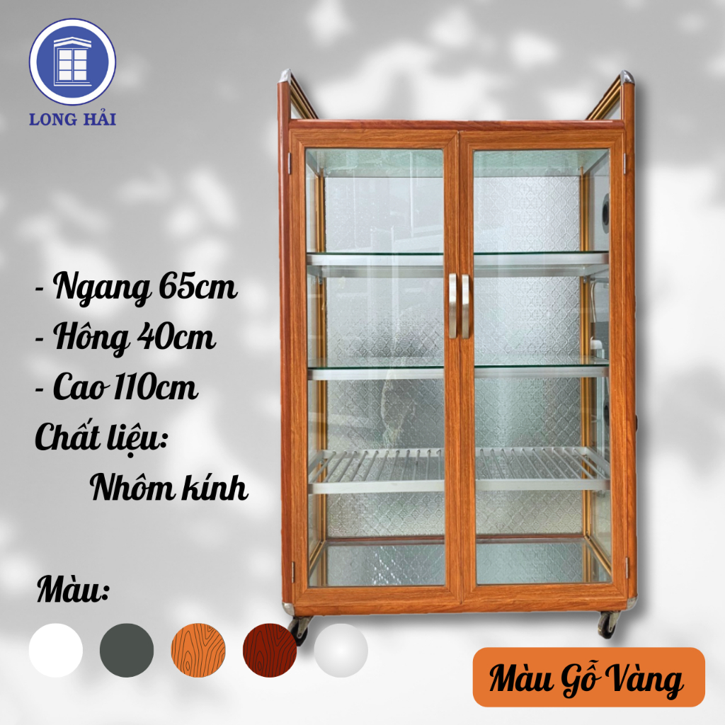 Tủ chén bát nhôm kính 65 x 40 x 110cm nhỏ gọn, bền đẹp, có bánh xe