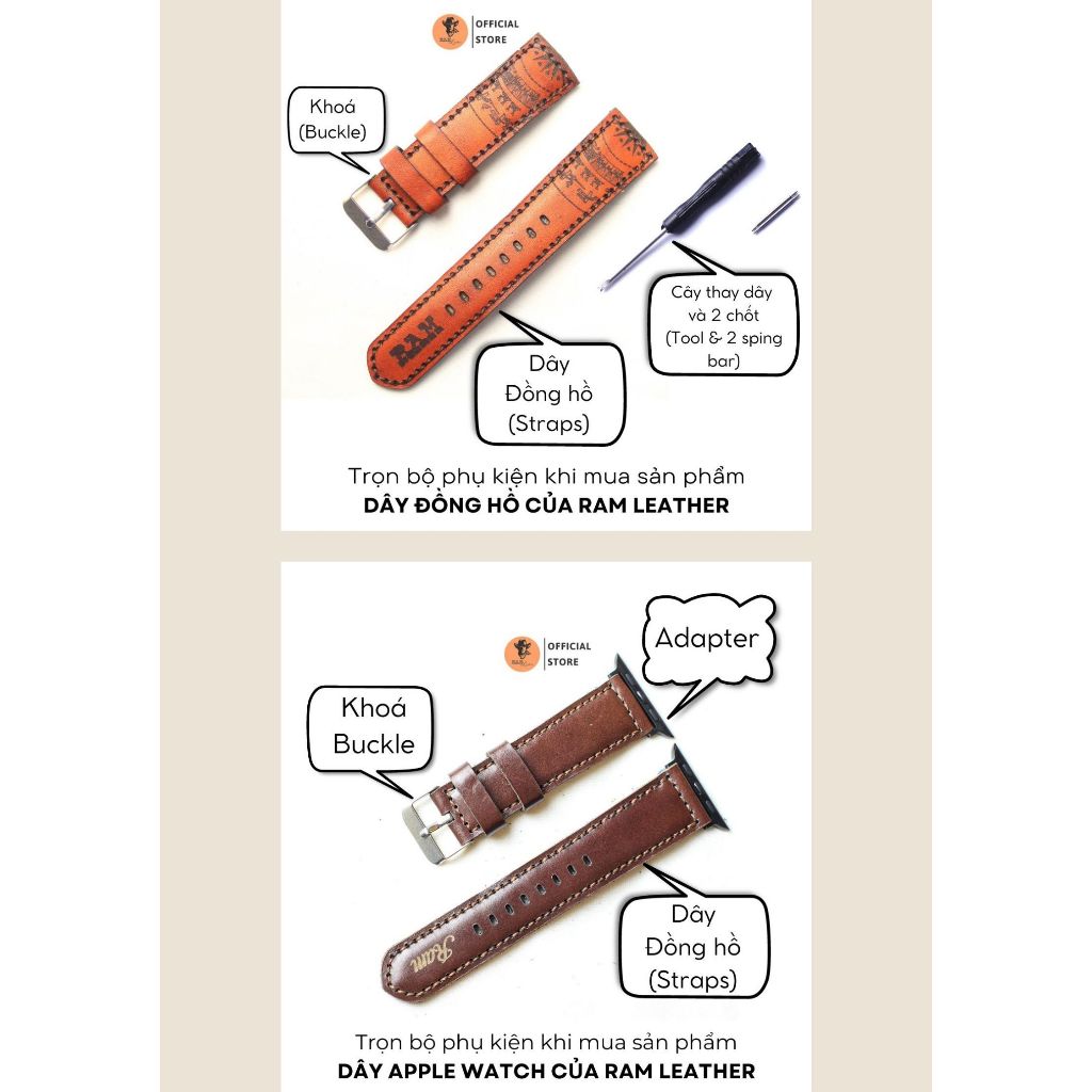 Dây Đồng Hồ Thủ Công Da Thật RAM Leather Trống Đồng Mahogany Da Bò Italia Vegtan Bền Đẹp