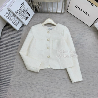 Áo dạ tweed trắng cúc đồng 2 lớp