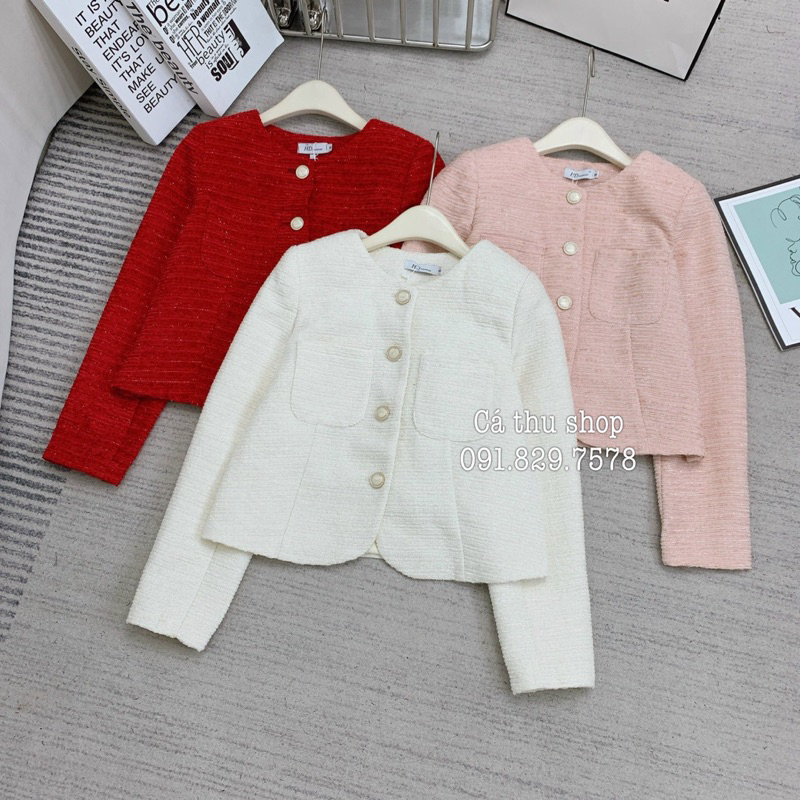 Áo dạ tweed trắng cúc đồng 2 lớp