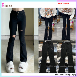 Quần jean nữ ống loe rách gối liền đen cực năng động, quần bò nữ hách dáng mặc đi học đi chơi đều được