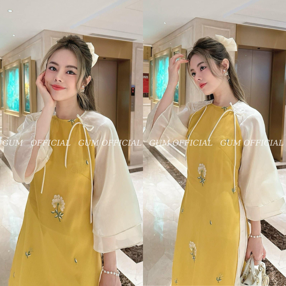Áo dài cách tân 4 tà Đường Yên  màu vàng thêu hoa GUM OFFICIAL , Set áo dài Tết thêu Hoa tay bồng 2 lớp