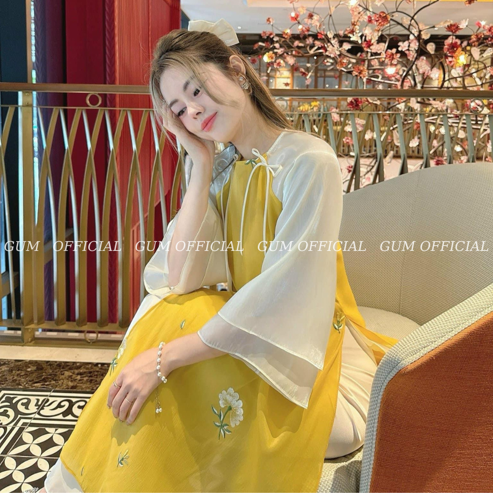 Áo dài cách tân 4 tà Đường Yên  màu vàng thêu hoa GUM OFFICIAL , Set áo dài Tết thêu Hoa tay bồng 2 lớp