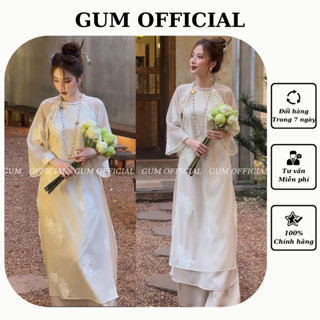 Áo dài Thi Thư (kèm quần) ren thêu cổ kết GUM OFICIAL, Áo Dài Cách Tân Suông Trắng Kem Hoa Nổi Tay Lỡ-AD005