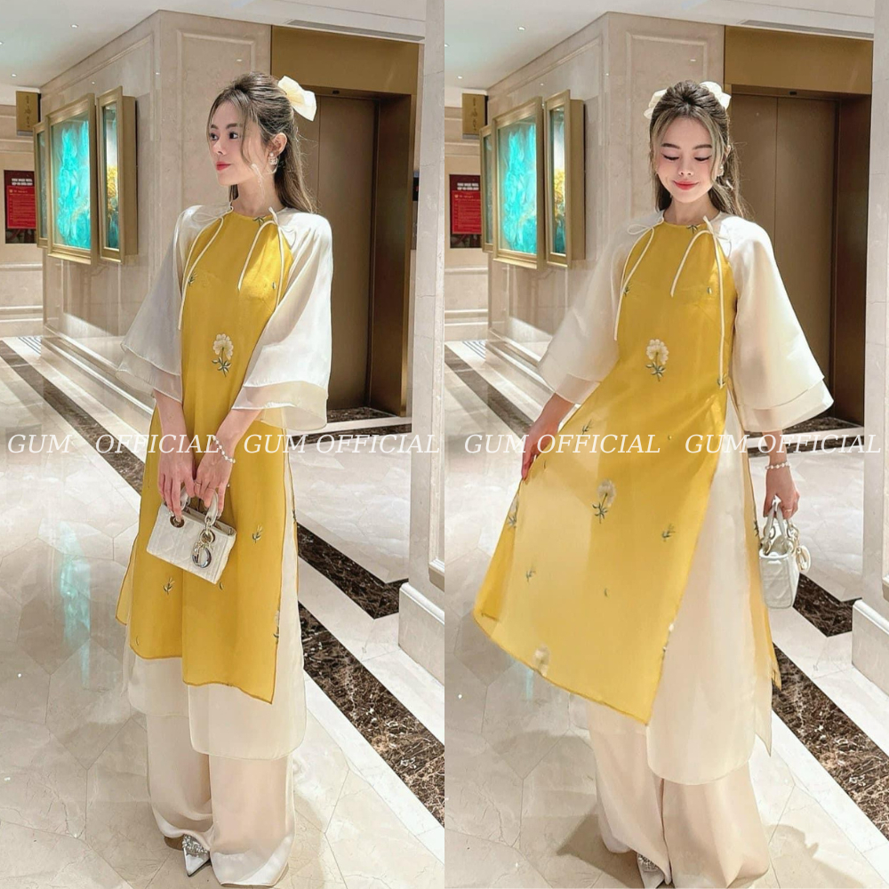 Áo dài cách tân 4 tà Đường Yên  màu vàng thêu hoa GUM OFFICIAL , Set áo dài Tết thêu Hoa tay bồng 2 lớp