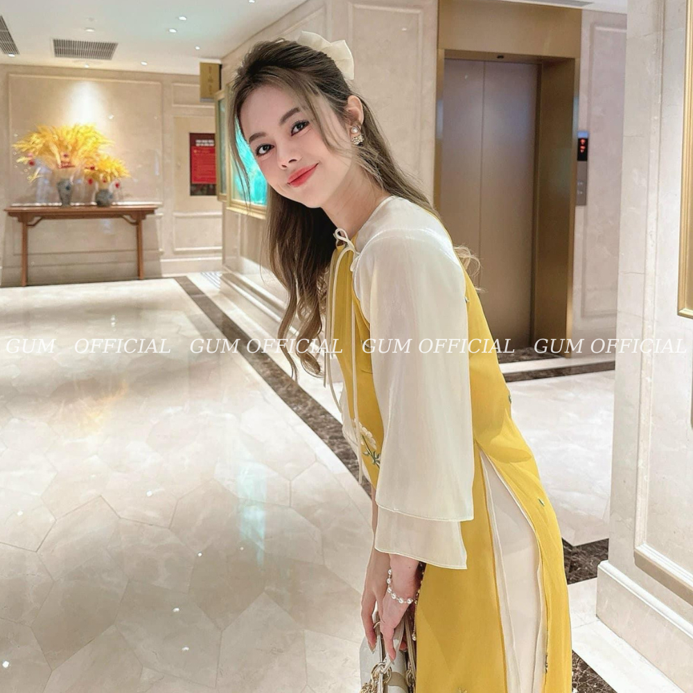 Áo dài cách tân 4 tà Đường Yên  màu vàng thêu hoa GUM OFFICIAL , Set áo dài Tết thêu Hoa tay bồng 2 lớp