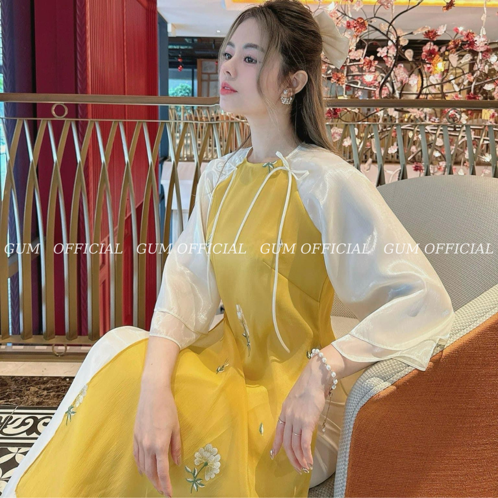 Áo dài cách tân 4 tà Đường Yên  màu vàng thêu hoa GUM OFFICIAL , Set áo dài Tết thêu Hoa tay bồng 2 lớp