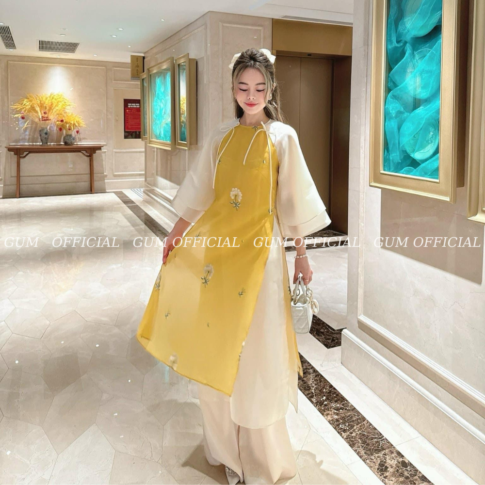 Áo dài cách tân 4 tà Đường Yên  màu vàng thêu hoa GUM OFFICIAL , Set áo dài Tết thêu Hoa tay bồng 2 lớp