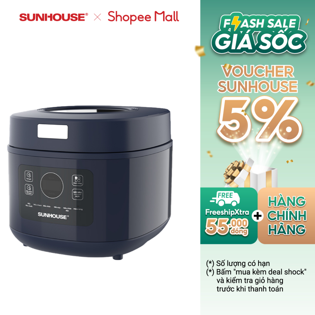 Nồi cơm điện tử 1L SUNHOUSE SHD8802 - Công suất 600W - Hẹn giờ - Đa chức năng - Thích hợp gia đình từ 2-3 người