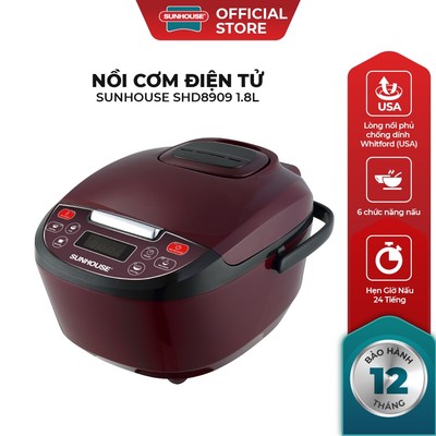 Nồi cơm điện tử 1.8L Sunhouse SHD8909 - Công suất 700W - 6 chế độ nấu tự động - Giữ ấm 12 giờ - Dành cho 4-6 người