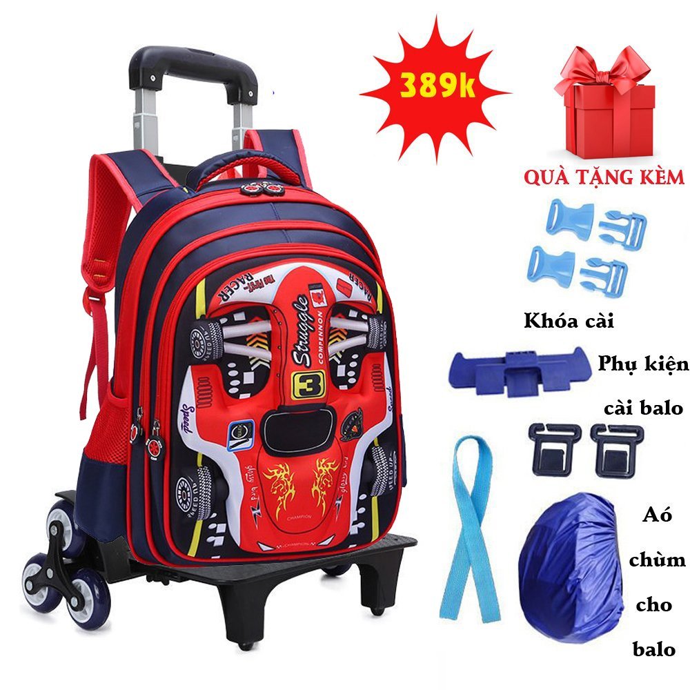 Balo kéo cho bé tiểu học Kabid-Balo chống gù lưng cho bé loại có bánh xe leo cầu thang+Tặng áo bọc balo