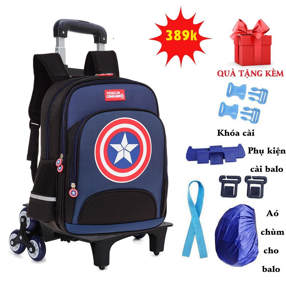 Balo kéo cho bé tiểu học Kabid-Balo chống gù lưng cho bé loại có bánh xe leo cầu thang+Tặng áo bọc balo