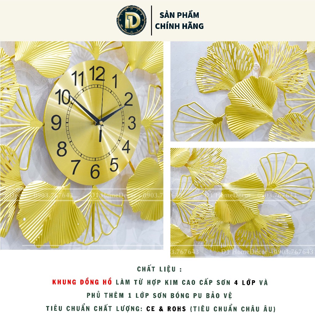 Đồng Hồ Treo Tường Decor Trang Trí Nhà Cửa - Nhập Khẩu Chính Hãng - Mẫu đồng Lá Bạch Quả Ginko - NGK06