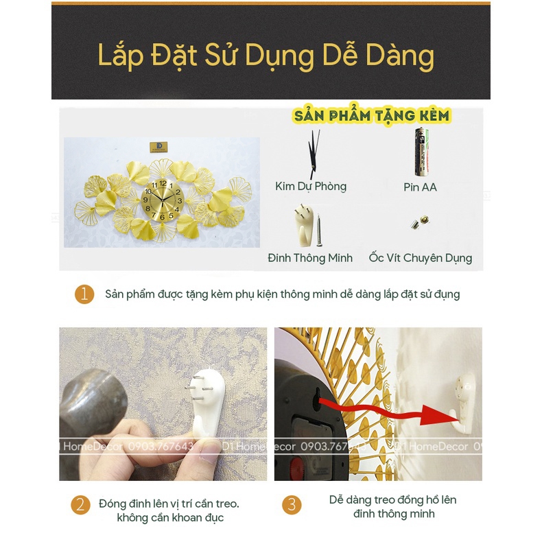 Đồng Hồ Treo Tường Decor Trang Trí Nhà Cửa - Nhập Khẩu Chính Hãng - Mẫu đồng Lá Bạch Quả Ginko - NGK06
