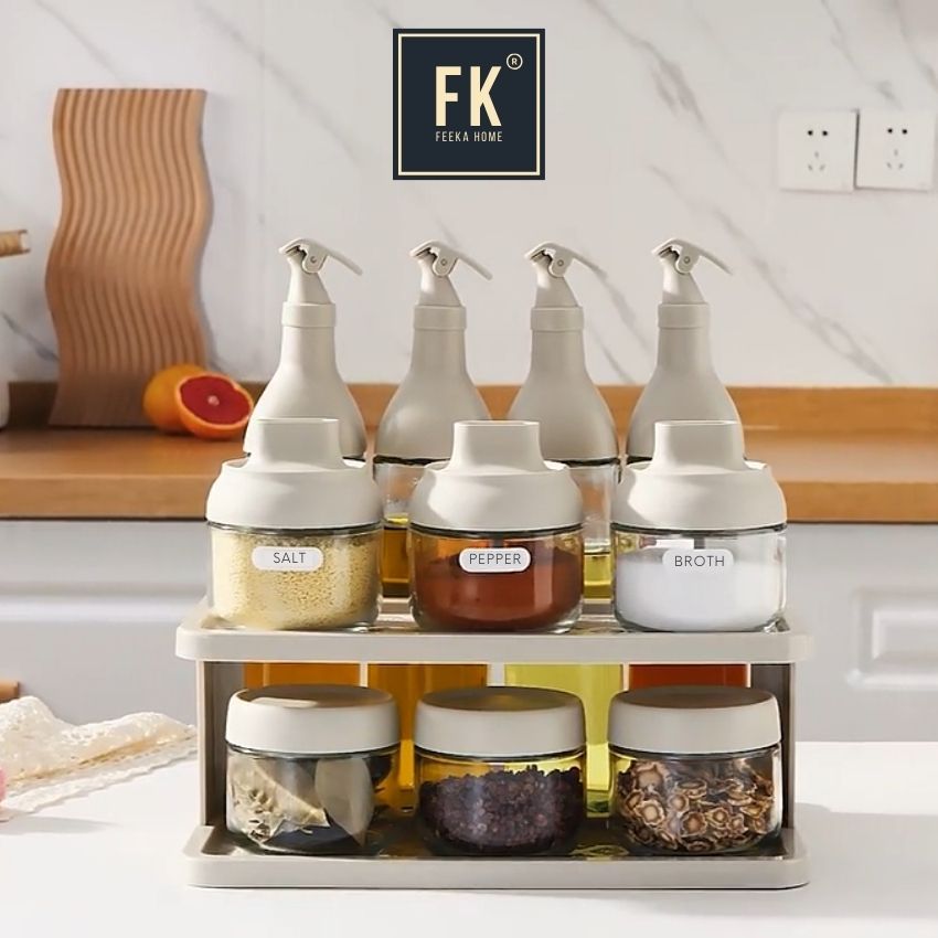 Combo gia vị INGE kèm khay đựng xinh xắn, set lọ đựng gia vị và chai dầu ăn sang trọng