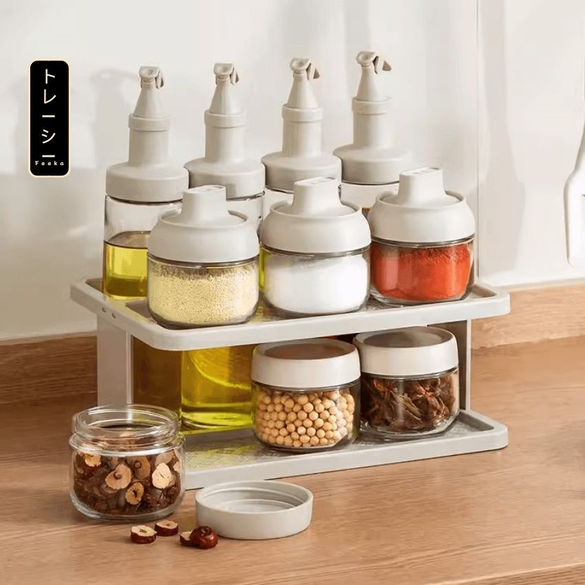 Combo gia vị INGE kèm khay đựng xinh xắn, set lọ đựng gia vị và chai dầu ăn sang trọng