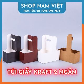 Túi giấy kraft 2 ngăn đựng ly nước và hoa