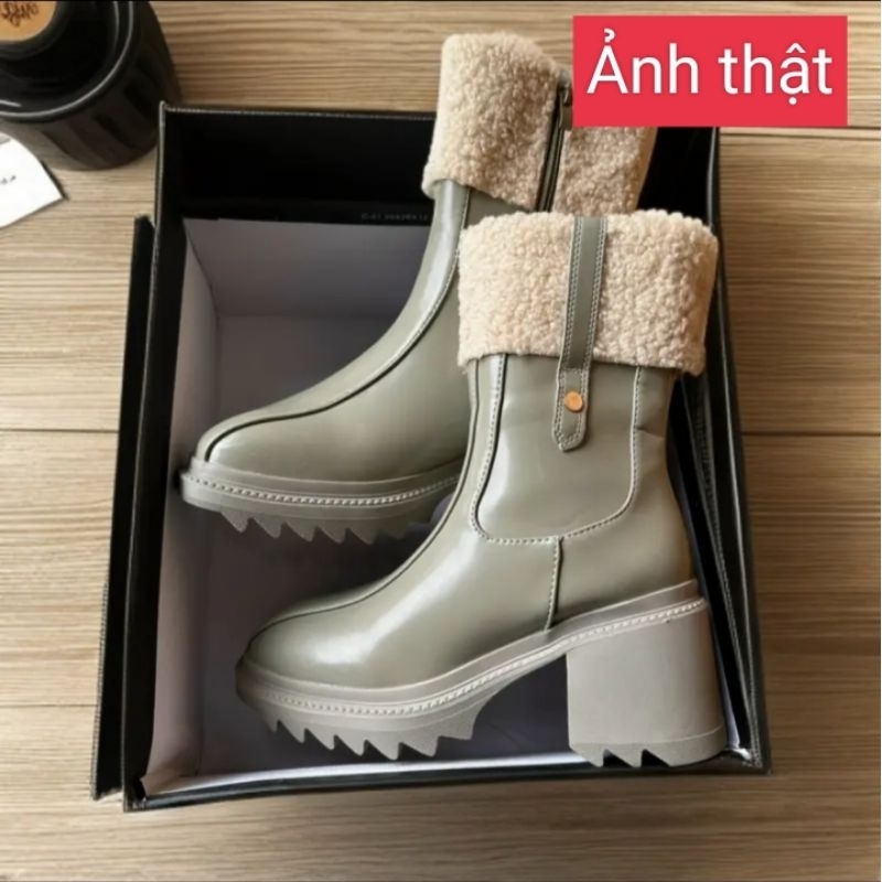 Bốt Da Nữ Cổ Lông Hàng QC  2 màu Đen, Ghi HOTTREND 2023 !